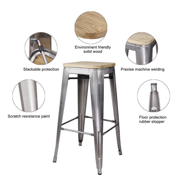 30inch Metal Stool with Light/Dark Wooden Seat-Set of 4