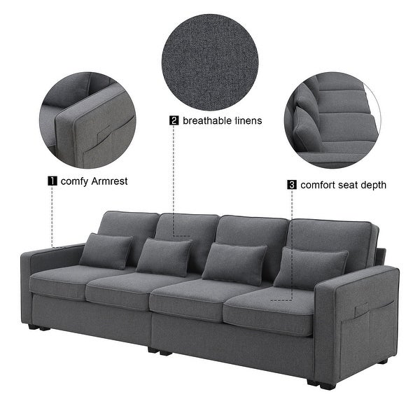 4 Seater Modern Linen Fabric Sofa with Armrest Pockets and 4 Pillows