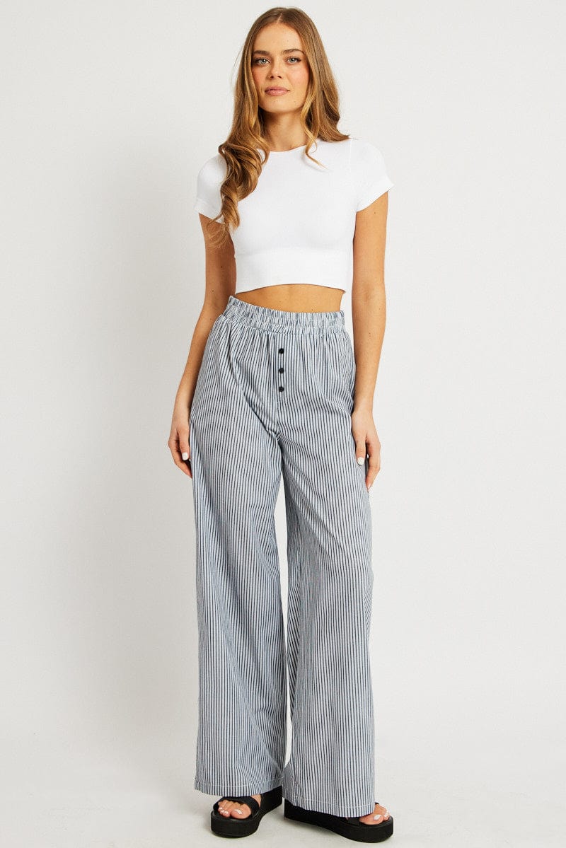 Black Stripe Wide Leg Pants Elasticated Waist