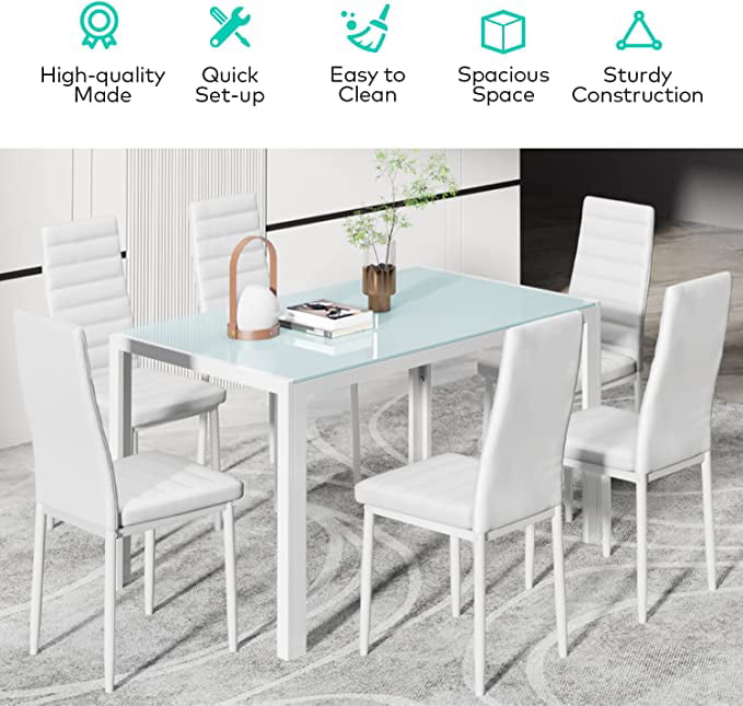 Lofka Dining Table Set for 6, Kitchen Table Set with 6 High Back Chairs, 330lbs, White