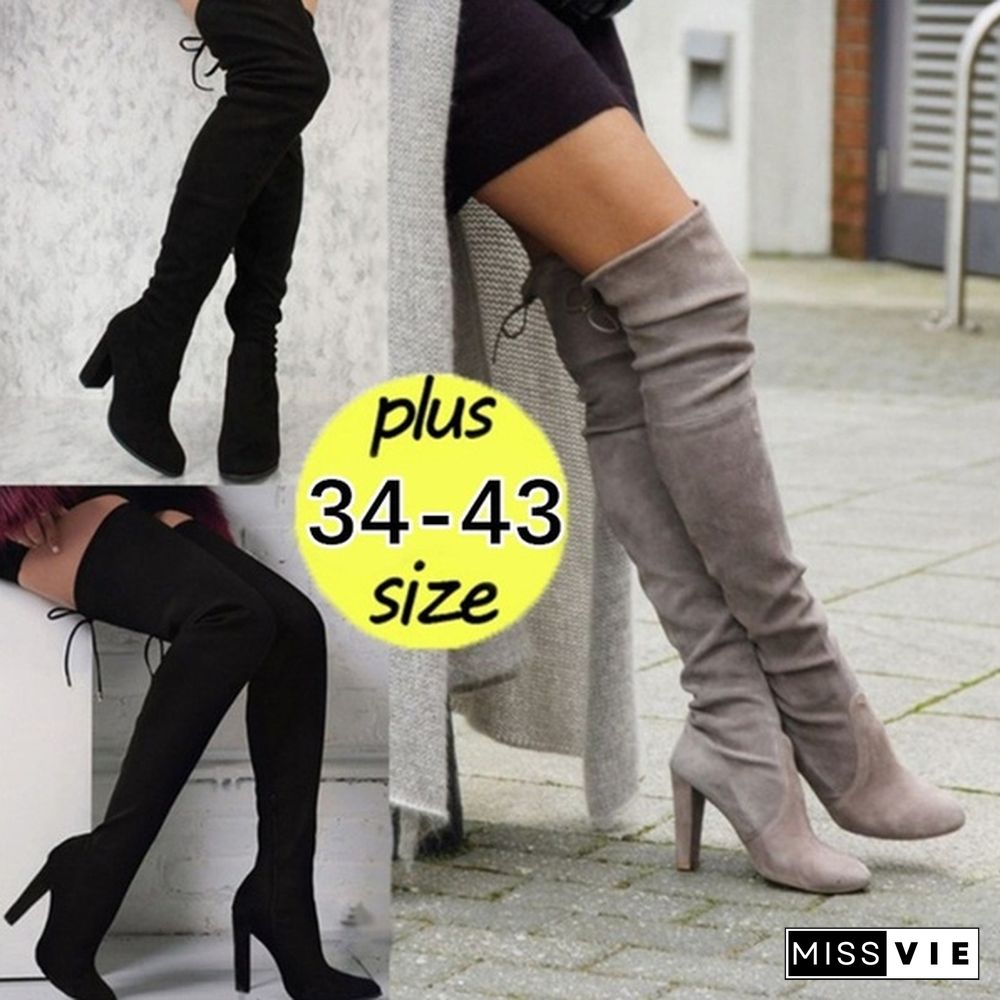 New Women's Fashion Over Knee High Boot Lace Up Sexy Stretch Slim Thigh High Heel Long Thigh Boots Shoes