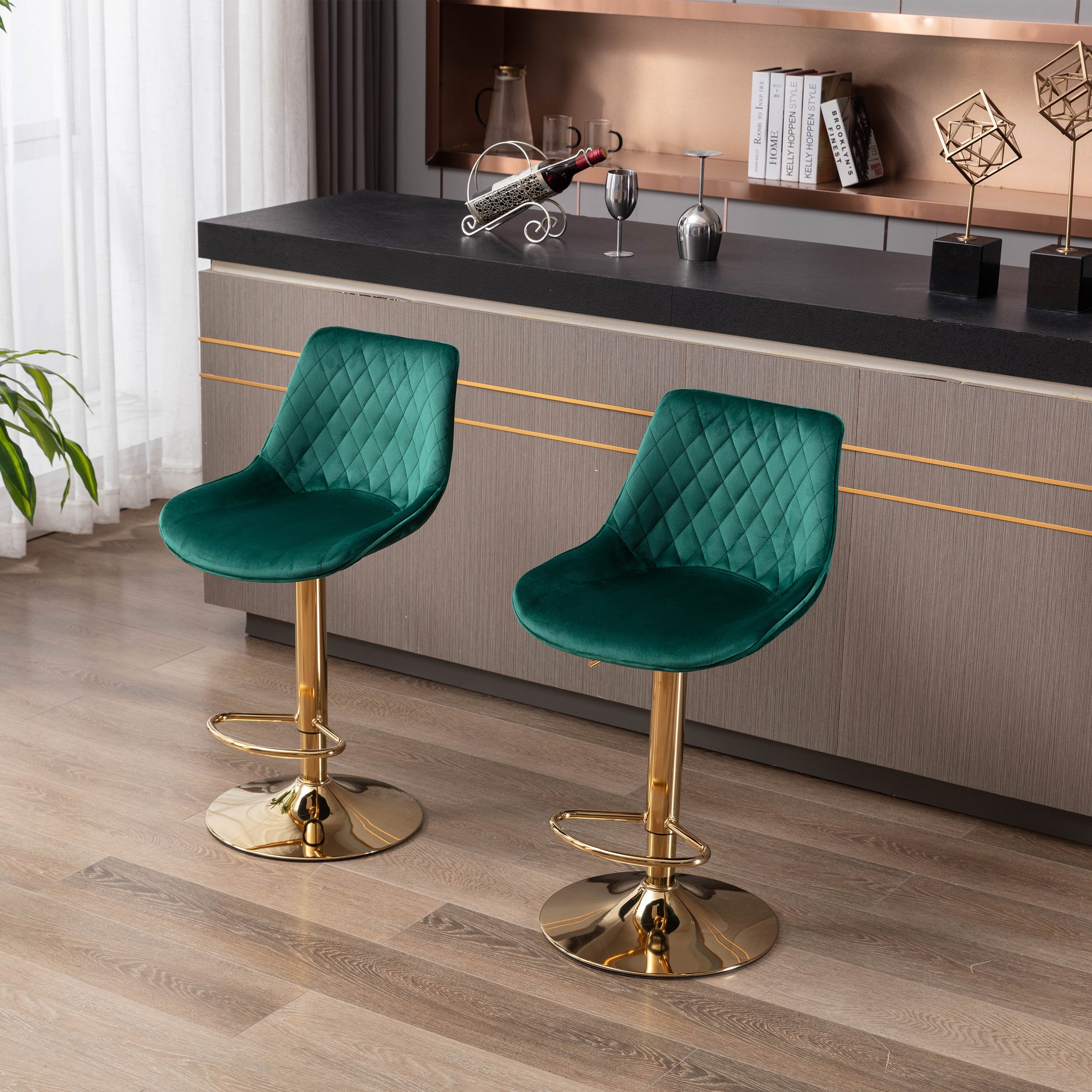 Set of 2 Bar Stools，with Chrome Footrest and Base Swivel Height Adjustable