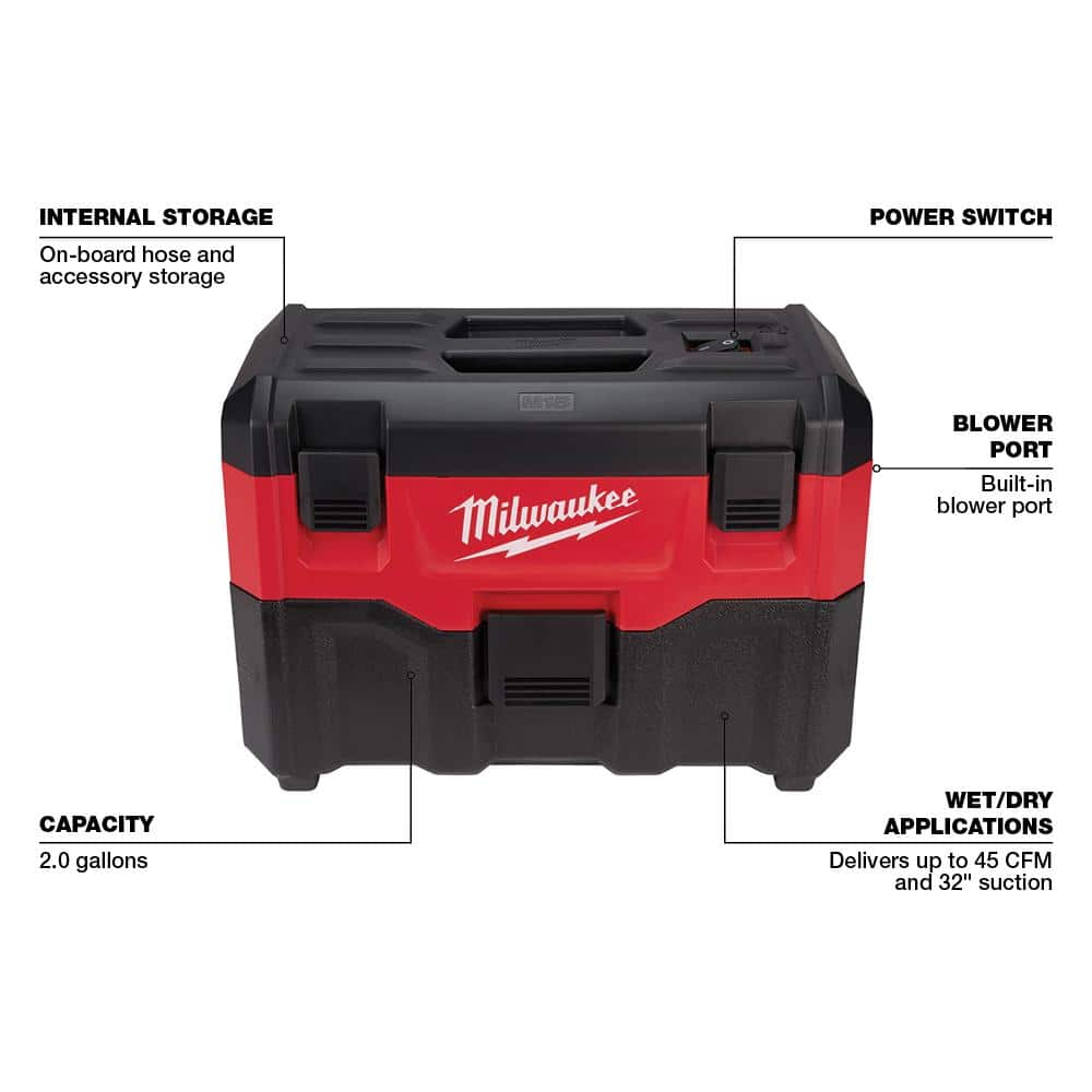 Milwaukee M18 18-Volt 2 Gal. Lithium-Ion Cordless Wet/Dry Vacuum (Vacuum-Only) 0880-20