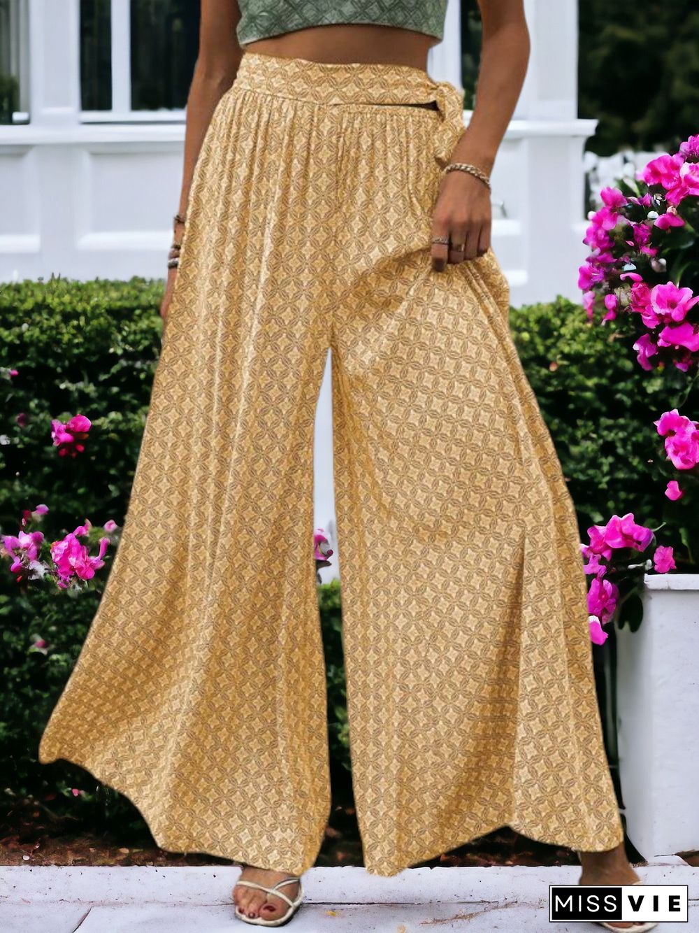 Printed High Waisted Wide Leg Breathable Loose Waist Wrap Pants