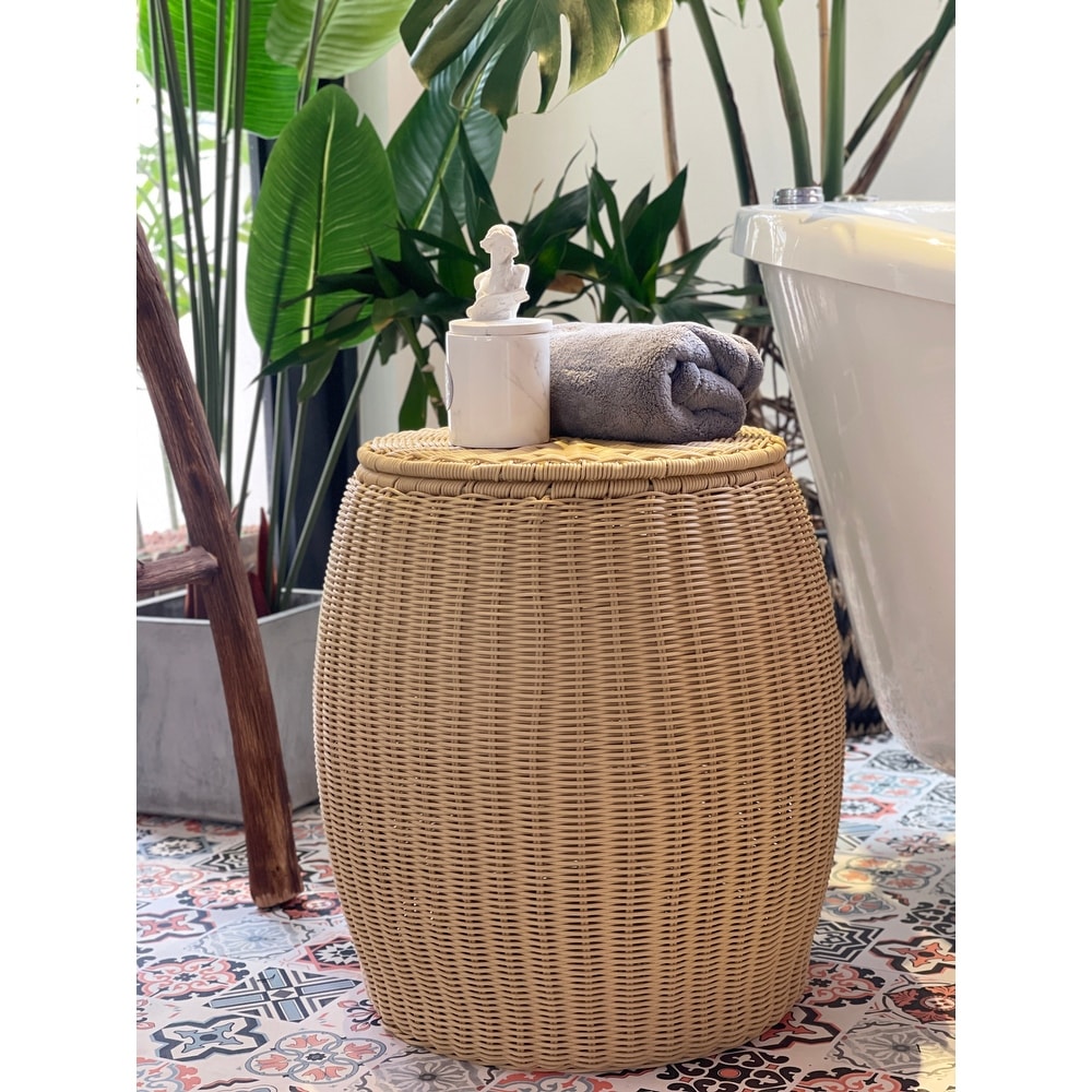 Outdoor Indoor Wicker Storage Ottoman With Lid Boho Side Table