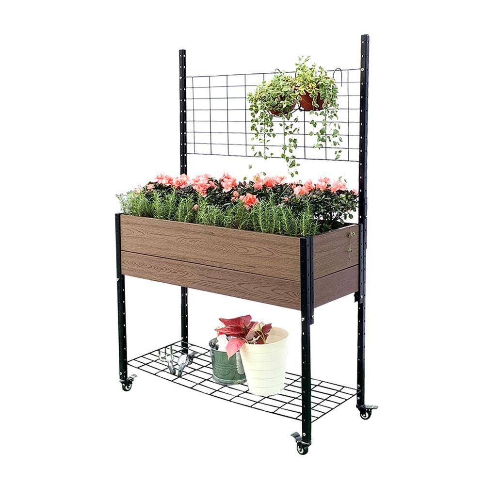 EverBloom 19 in. D x 36 in. H x 45 in. W Brown and Black Composite Mobile Garden Planter Raised Bed with Trellis and Under Shelf K2101