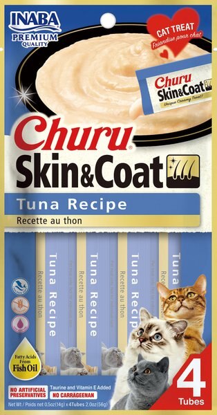 Inaba Churu Grain-Free Skin and Coat Tuna Recipe Lickable Cat Treat， 24 count