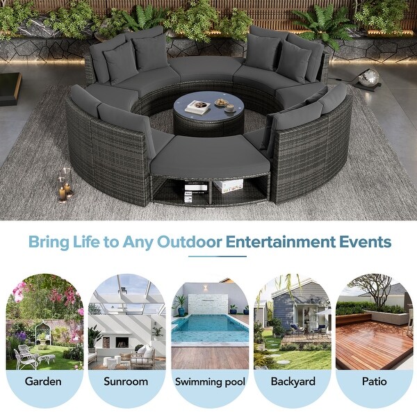 9Piece Outdoor Patio Furniture，Circular Outdoor Sofa Set with Tempered Glass Coffee Table