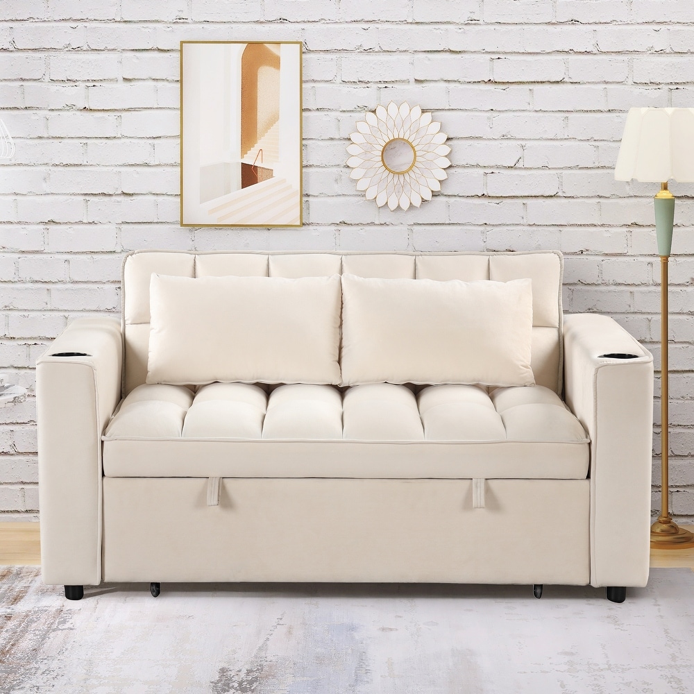 Velvet Upholstered Sofa Bed Convertible Sleeper Sofa with Cup Holder and USB Port   Perfect for Living Rooms and Apartments