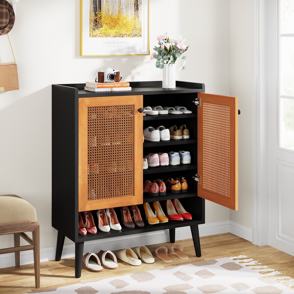 Shoe Cabinet with Doors  Rattan Shoe Storage Cabinet  6 Tier Shoes Organizer Cabinets for Entryway