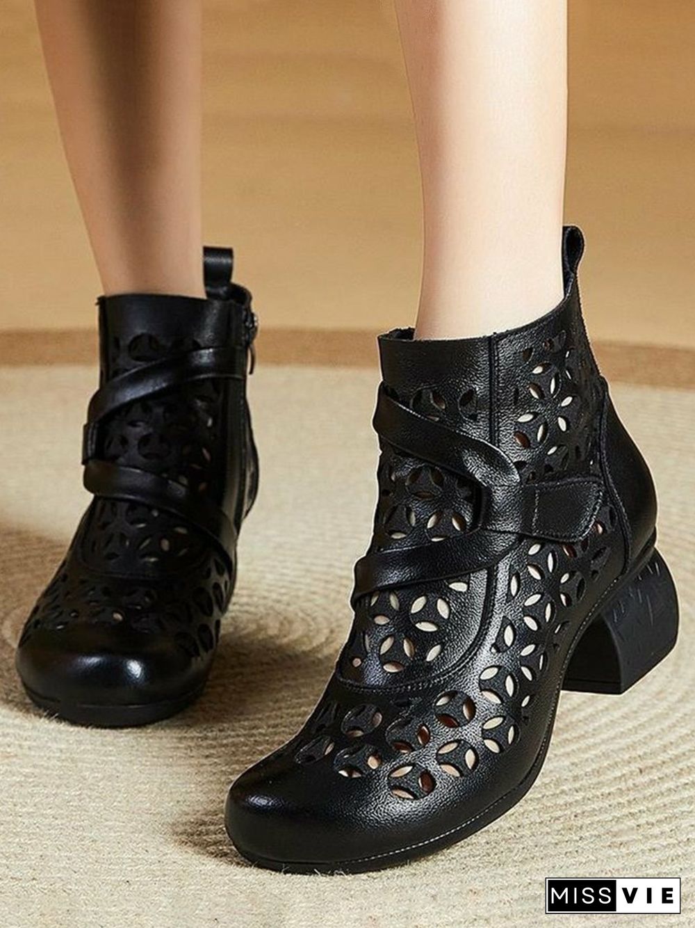 Vintage Cutout Chunky Heel Boots