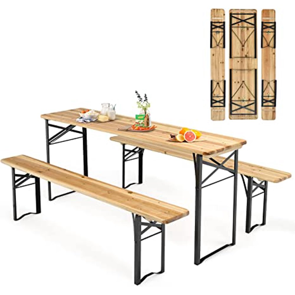 GZXS Foldable Picnic Table with Benches， 3-Piece 70” Portable Beer Garden Table with Sturdy Steel Frame， Folding Wooden Picnic Tables for Outdoors， Patio， Backyard