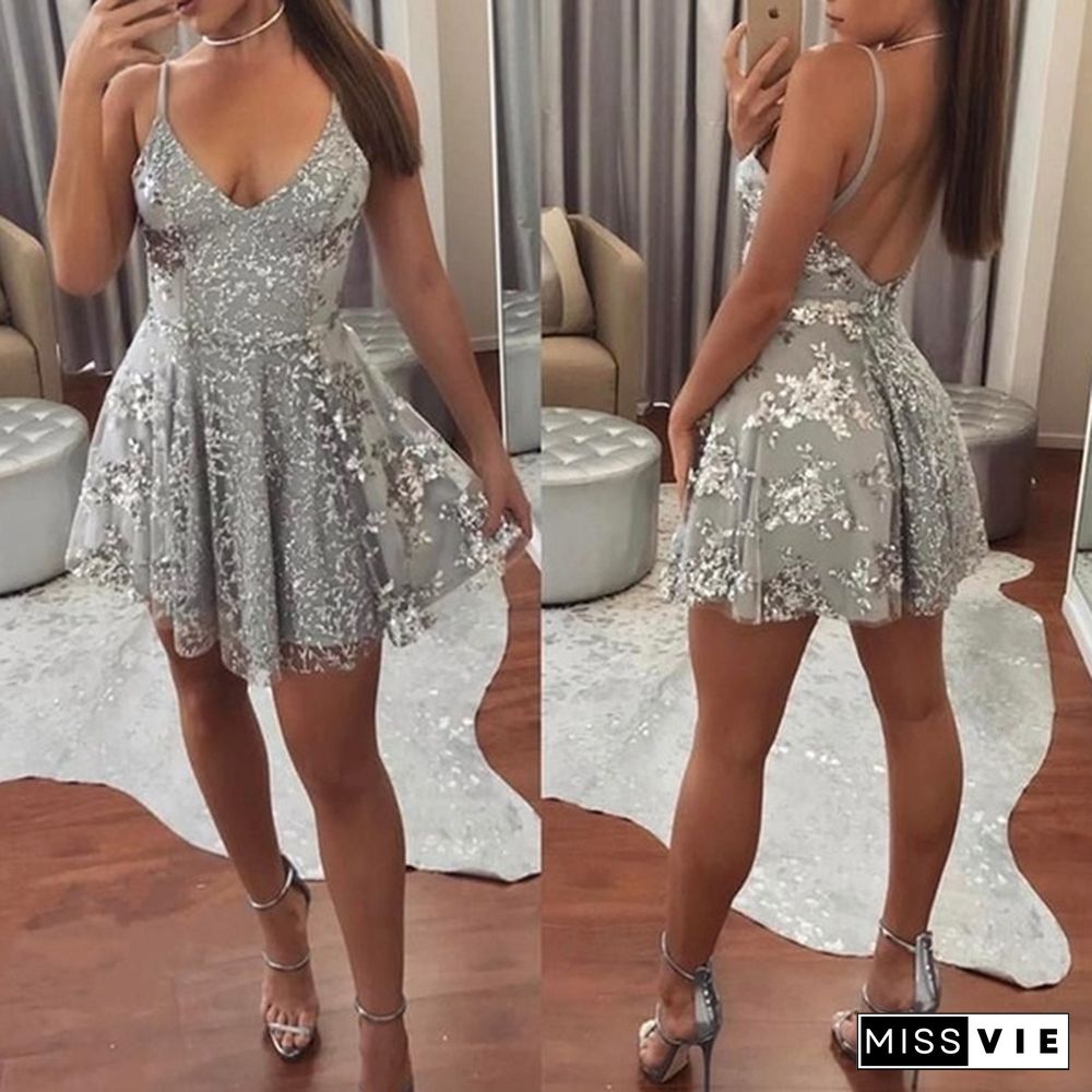 Summer Fashion Women Wedding Dress Silver Sequin Lace V Neck Tulle Dresses Short Prom Gowns