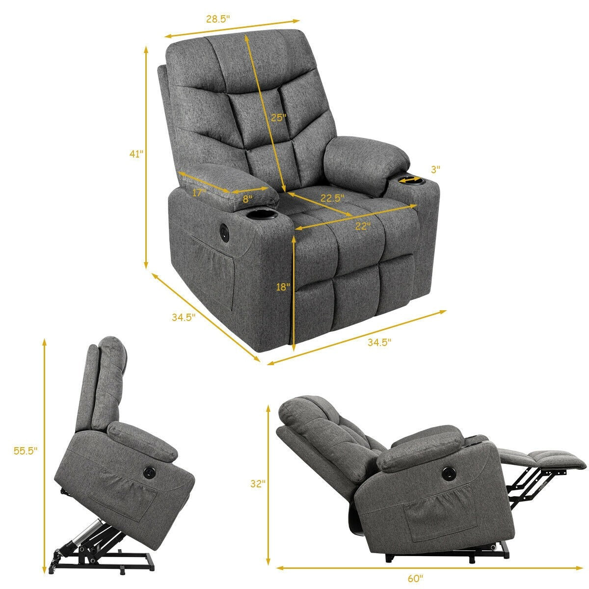 Power Lift Chair w/ 8 Point Massage & Lumbar Heat & 2 Side Pockets Cup Holders USB Charge Port