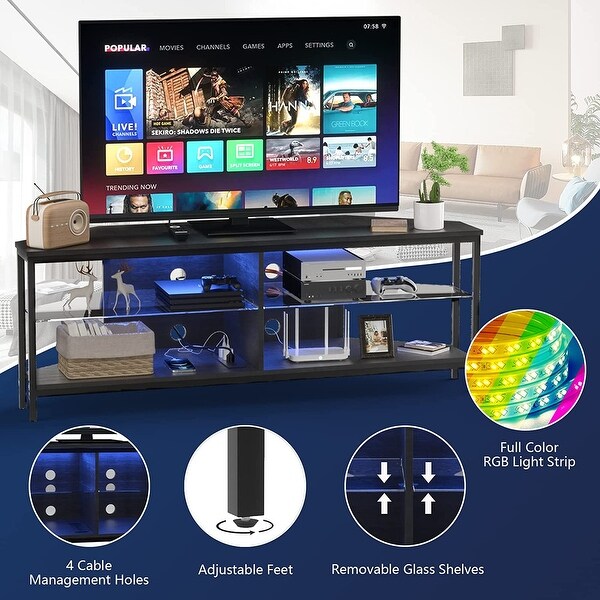 Corner TV Stand for 55 Inch TV， Corner TV Stand with LED Lights and Power Outlet， Corner Entertainment Center