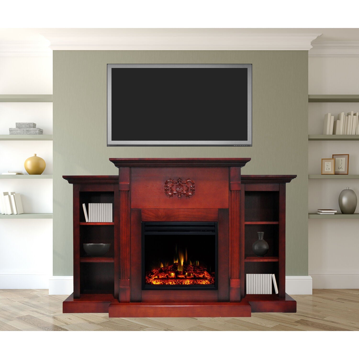 Hanover Glenwood Electric Fireplace Heater with 59-In. White TV Stand, Deep Log Display, Multi-color Flames, and Remote