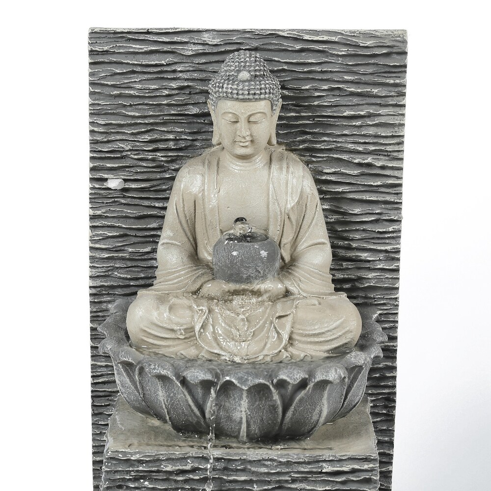 Grey Resin Meditating Buddha on Pedestal Outdoor Patio Fountain with LED Light