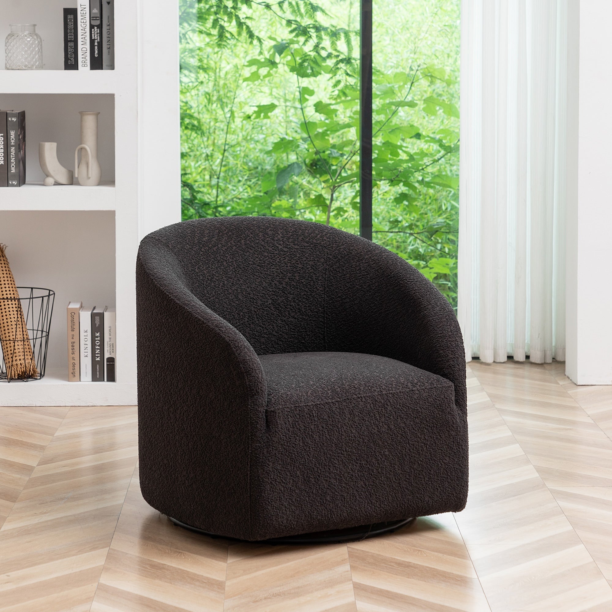 Modern Boucle Upholstered Swivel Barrel Armchair