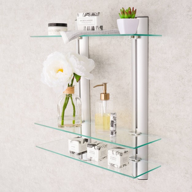 3 Tier Wall Mount Adjustable Glass Shelving Unit With Aluminum Bars Danya B