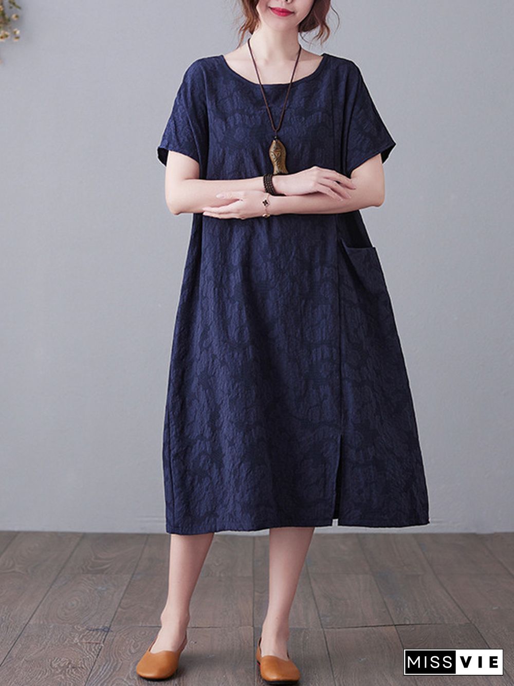 Original Solid Jacquard Short Sleeve Midi Dress