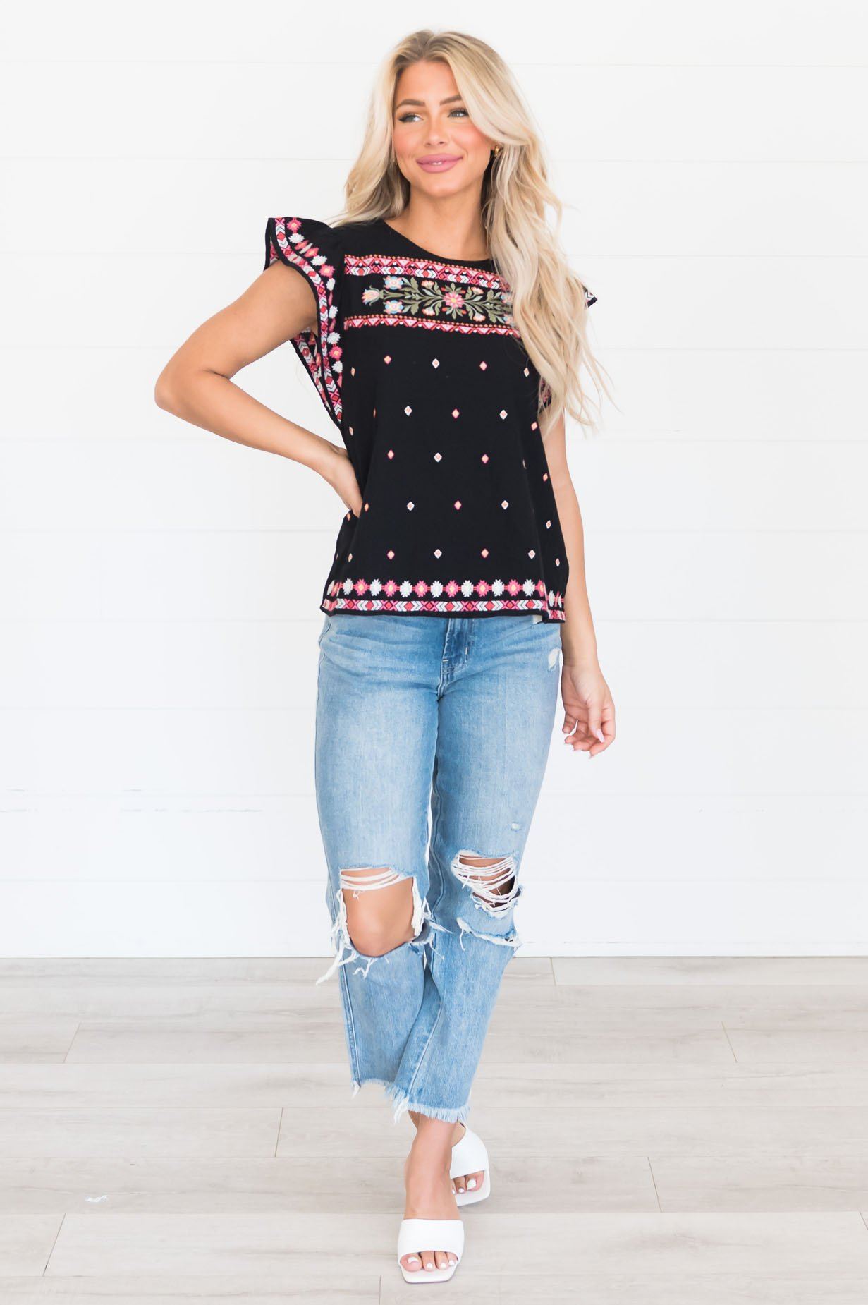 More Than Words Aztec Embroidered Blouse