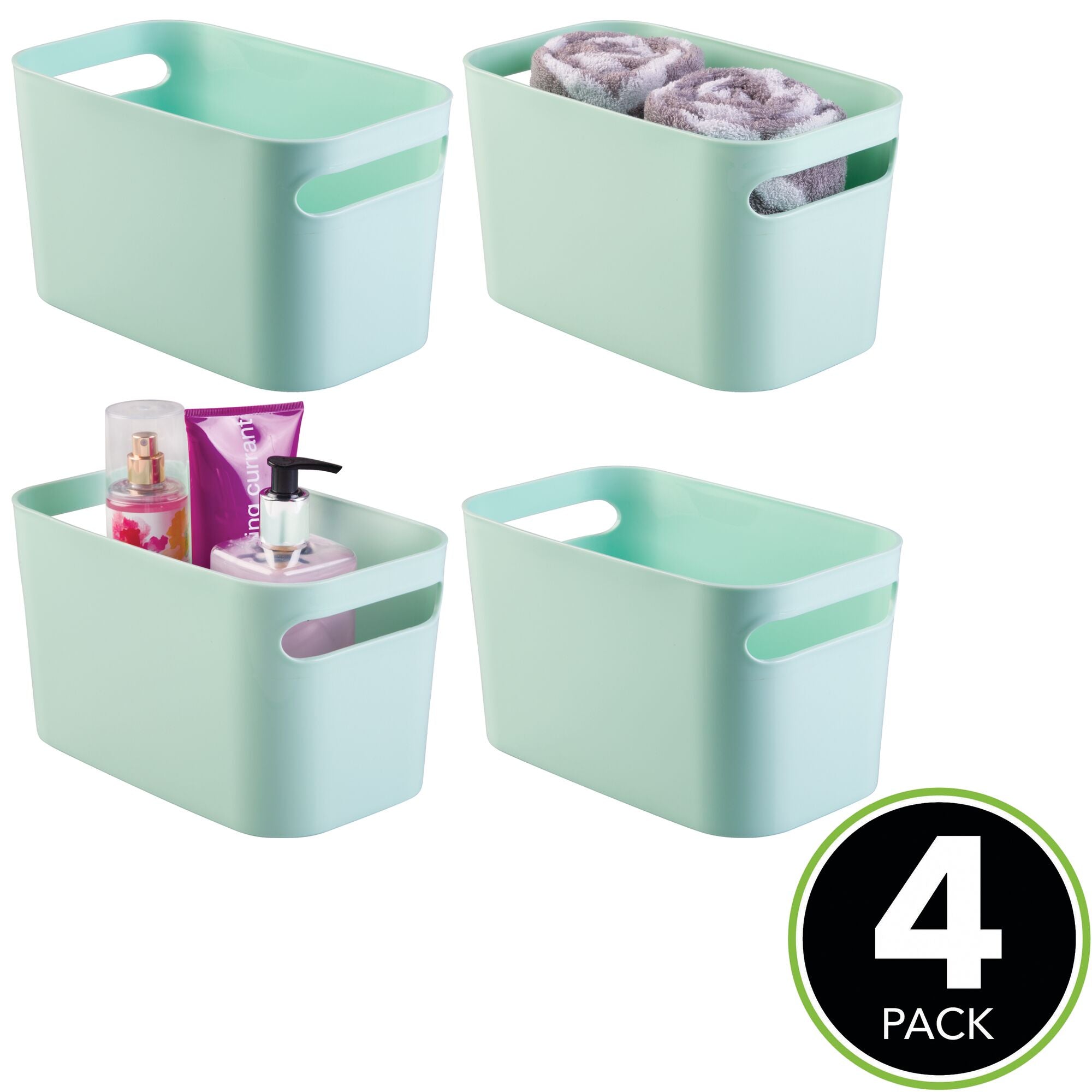 mDesign Deep Plastic Bathroom Vanity Storage Bin with Handles - Organizer for Hand Soap， Body Wash， Shampoo， Lotion， Conditioner， Hand Towel， Hair Brush， Mouthwash - 10