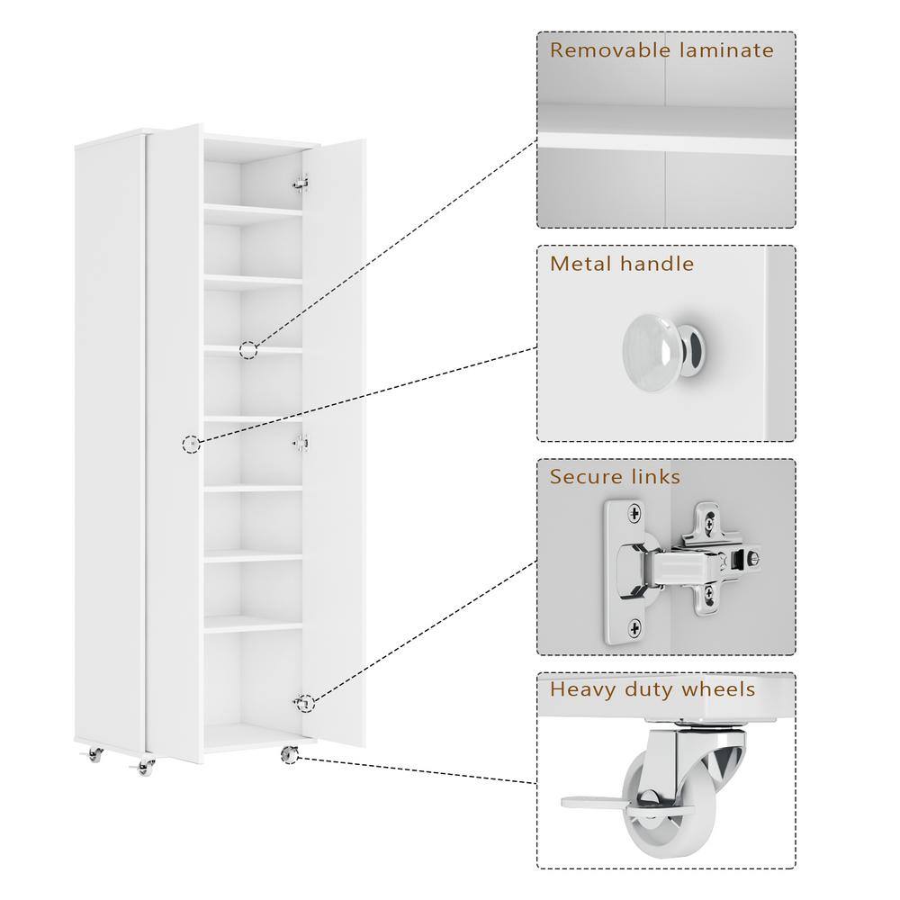 FUFUGAGA 70.9 in. H White Wood Bookcase Bookshelf with adjustable Shelves 2 door Cabinet and Wheels KF200174-01-KPL2