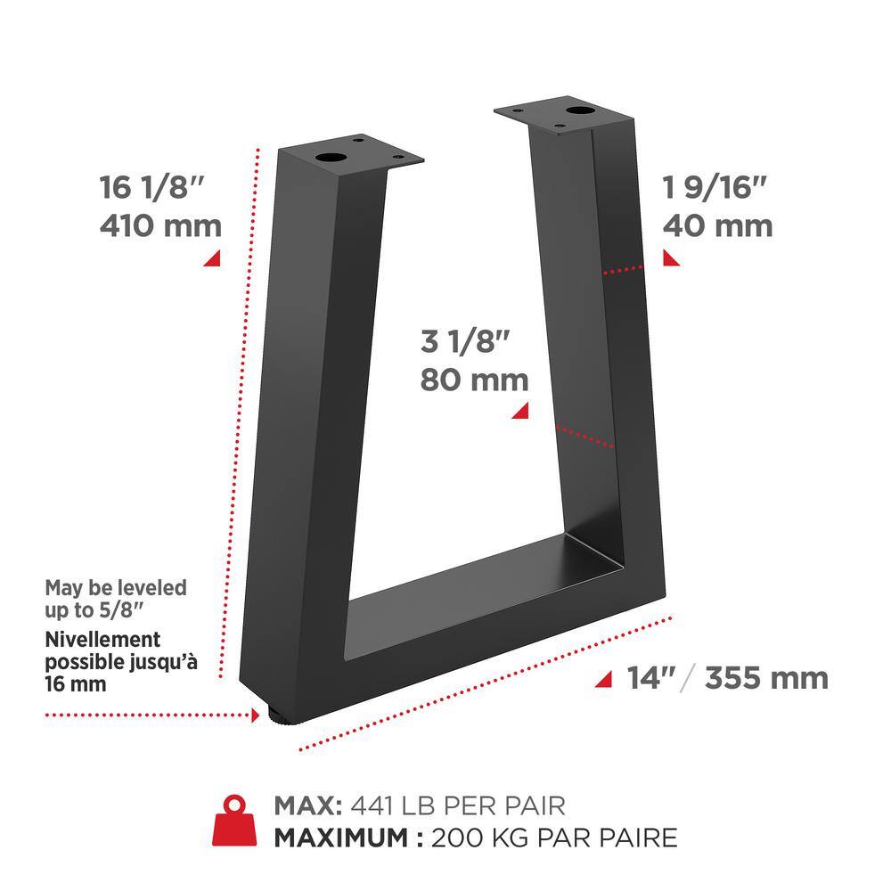 Richelieu Hardware 16 18 in. (410 mm) Matte Black Steel U-Shaped Bench Legs with Leveling Glide (2-Pack) 80404900