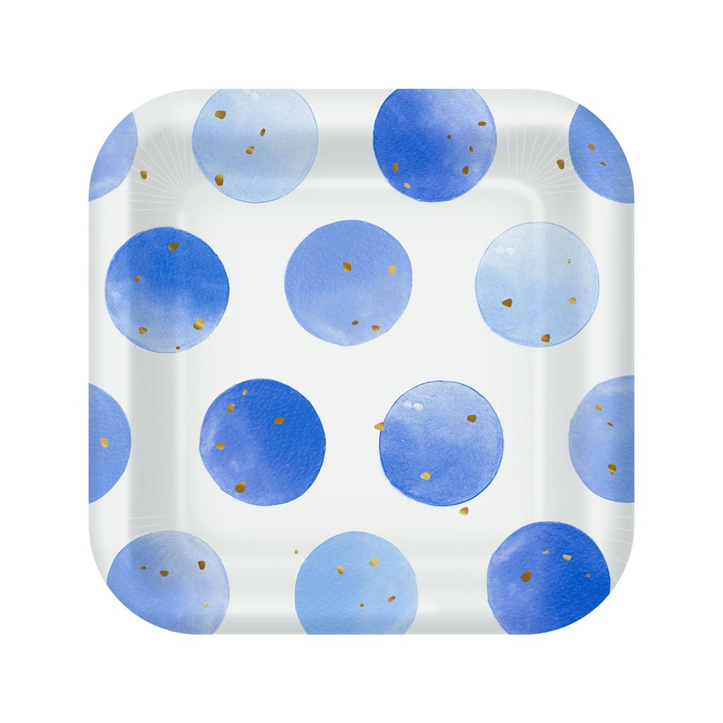 Hallmark  Blue Watercolor Dots Square Dessert Plates, Set of 8