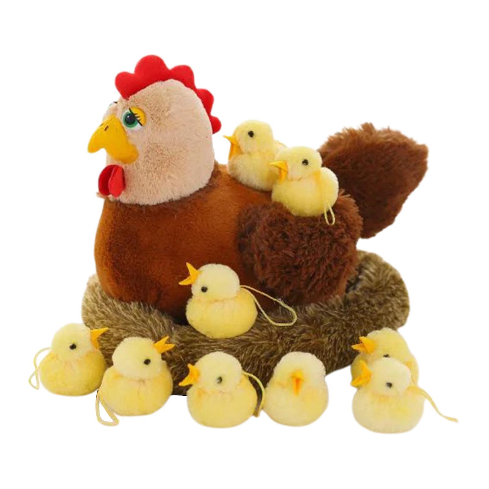 13.8inch Chicken Stuffed Animals， Mommy Farm Hen Plush With Henhouse/10 Little Baby Chicks Toys W/chicken Croak Sound