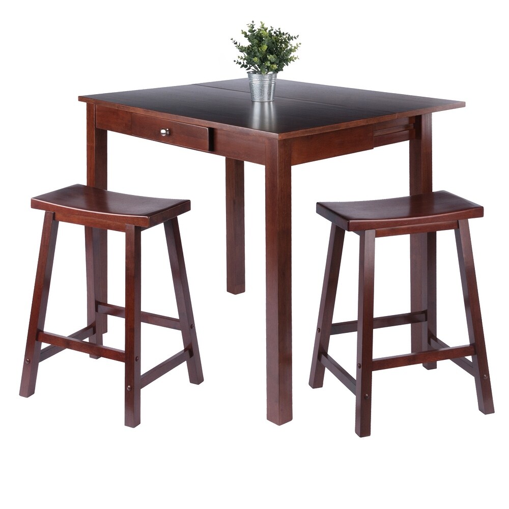 3 Pc High Drop Leaf Table with Saddle Seat Counter Stools  Walnut