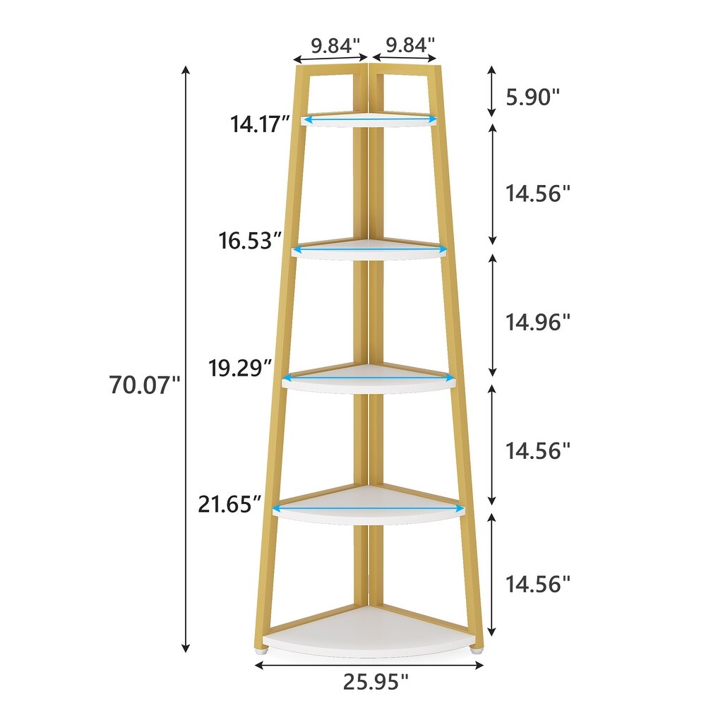 Brown/ Black Corner Ladder Shelf 5 Tier Corner Bookshelf Bookcase  White/ Gold 70 Inch Tall Display Rack for Small Space