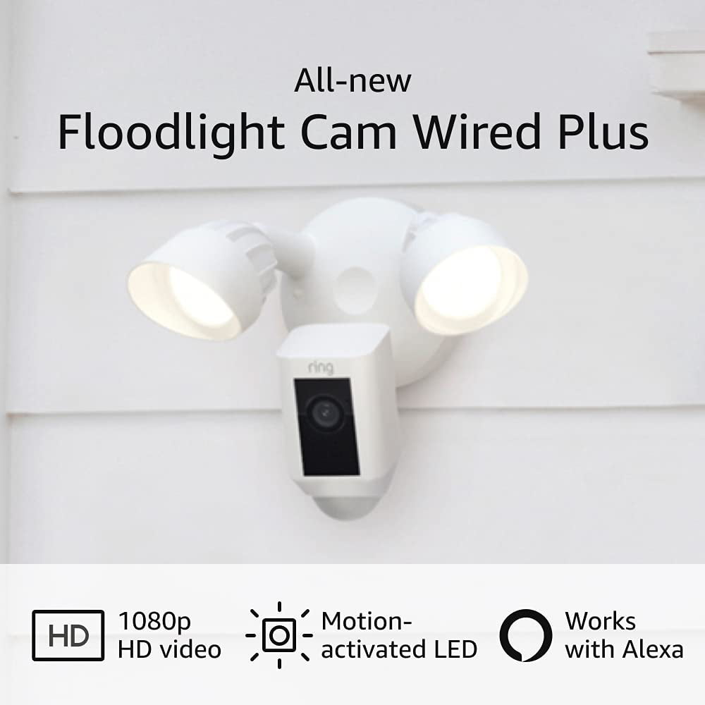 All-New Floodlight Camera Wired Plus With Motion-Activated 1080p HD Video， Two-Way Talk And Siren Alarm， White (2021 Release)