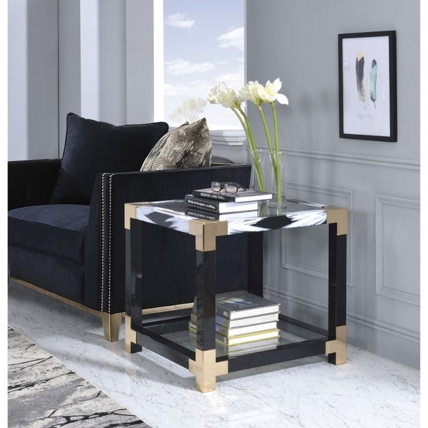 Modern Style Square Metal and Glass End Table With Bottom Shelf， Black and Gold