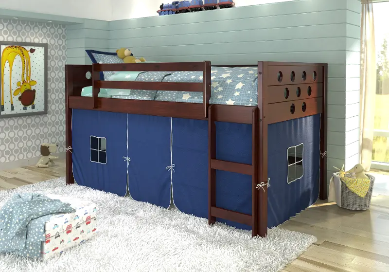 Boston Dark Brown Cappuccino Twin Loft Bed with Blue Tent