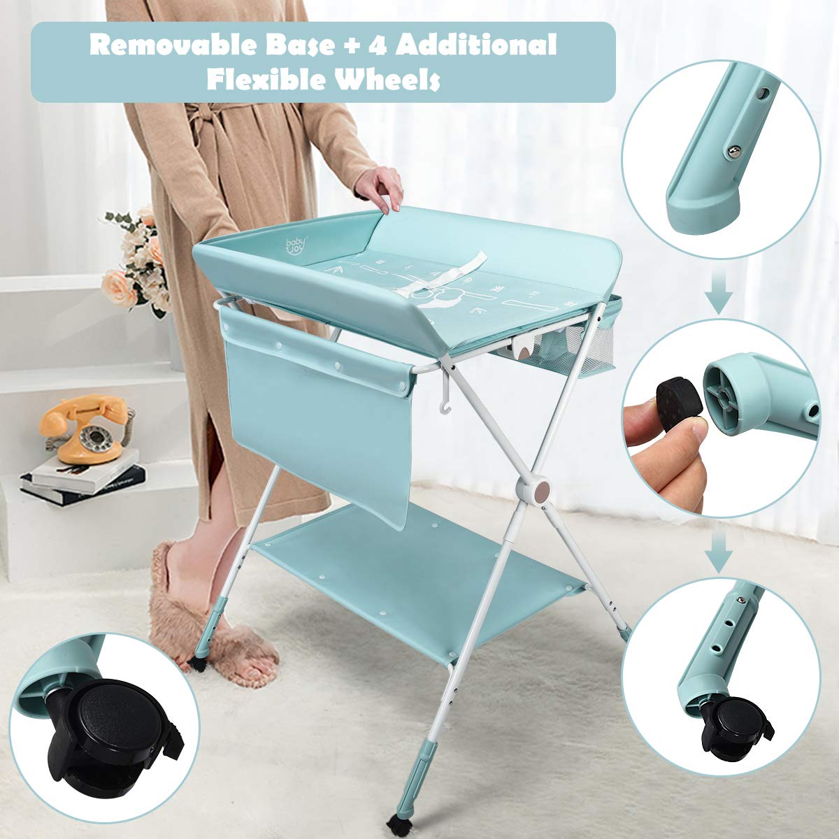 BABY JOY Baby Changing Table, Height Adjustable 4 in 1 Folding Diaper Station w/Detachable Wheels