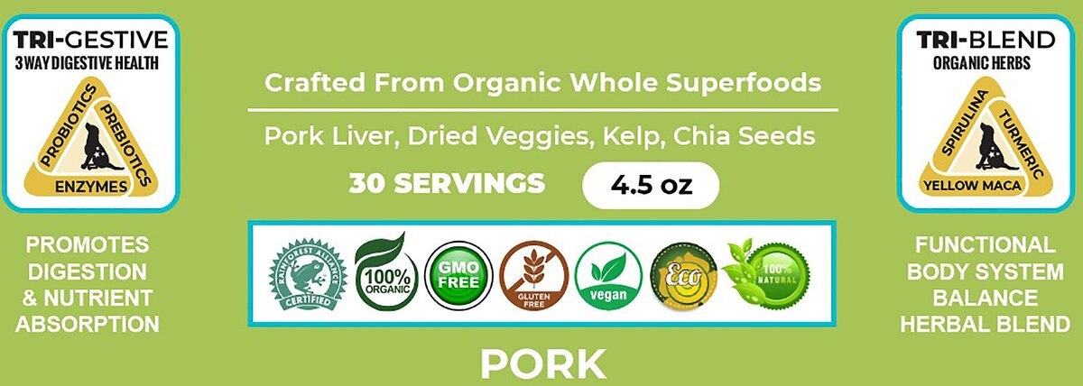 The Petz Kitchen Holistic Super Food Broth One and Done Daily Greens Support Pork Flavor Concentrate Powder Dog and Cat Supplement， 4.5-oz bag