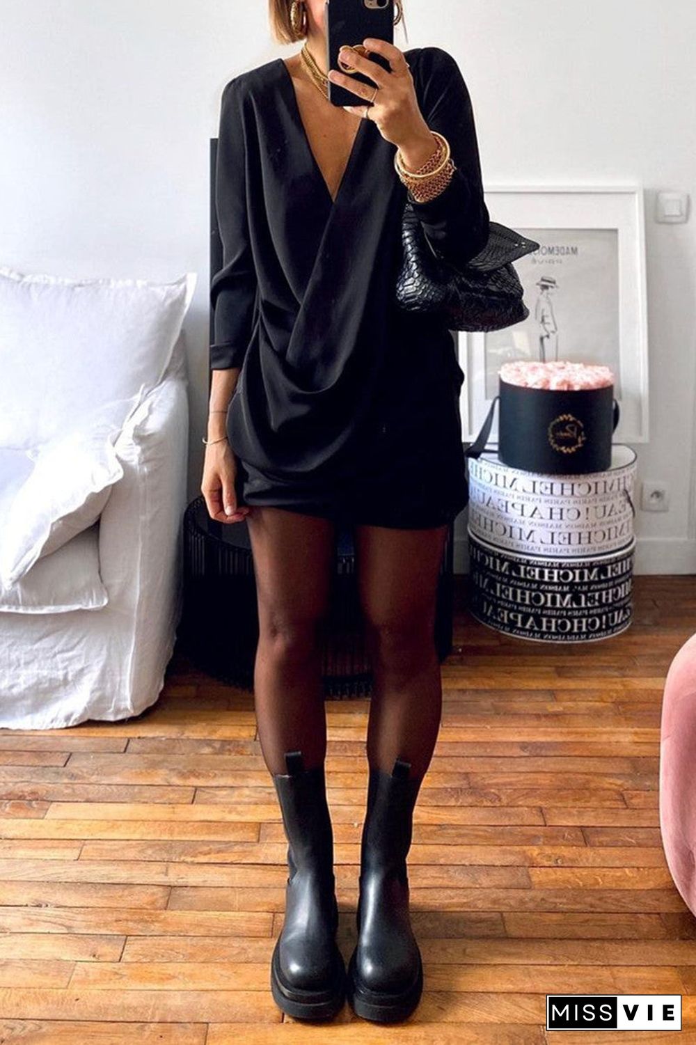 Fashion Sexy Solid Fold V Neck Long Sleeve Dresses