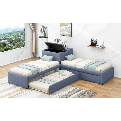 L shaped Upholstered Platform Bed with Trundle and...