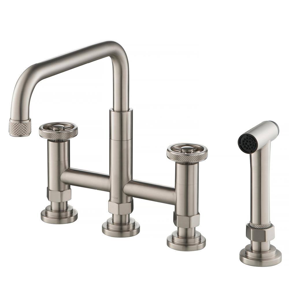 KRAUS Urbix Double Handle Industrial Bridge Kitchen Faucet with Side Sprayer in Spot Free Stainless Steel KPF-3125SFS