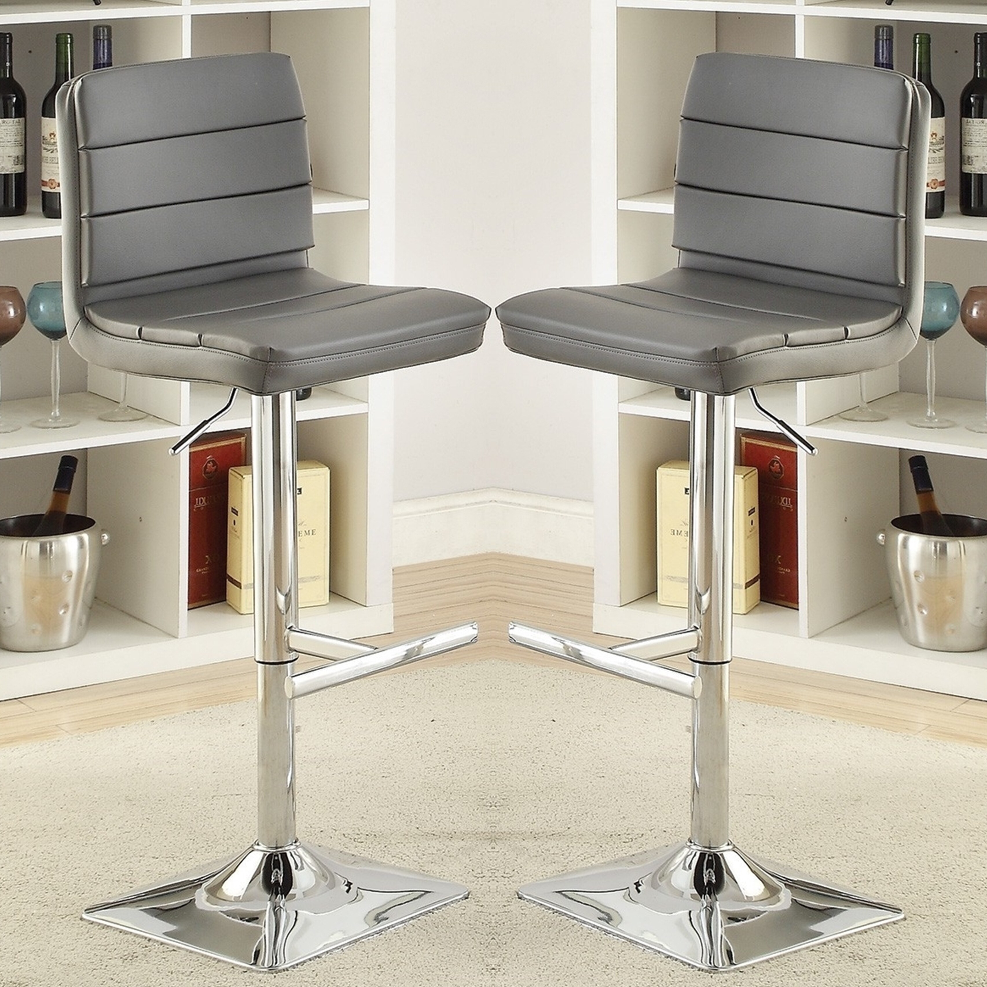 Horizontal Design Grey Adjustable Swivel Stools with Square Chrome Pedestal Base (Set of 2)