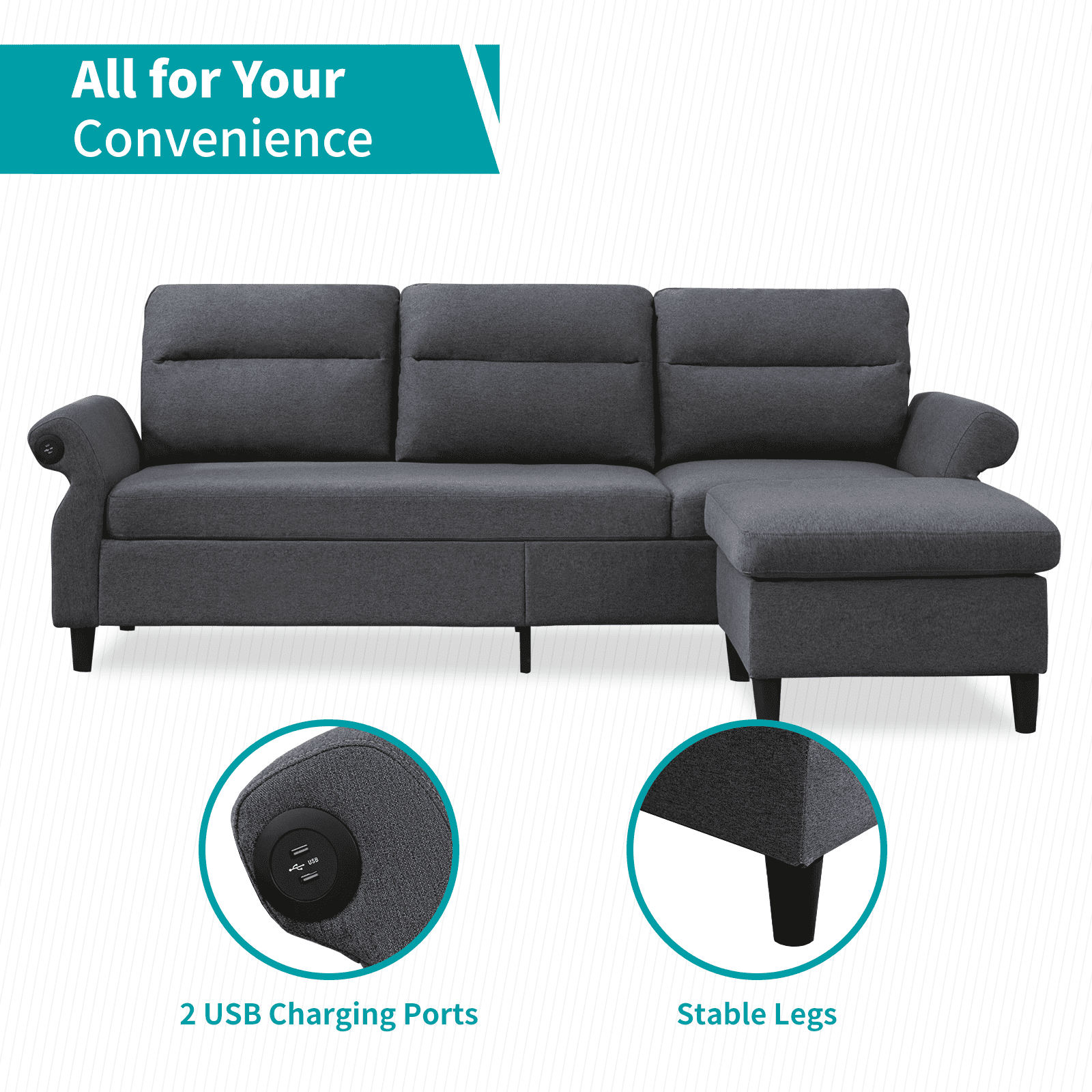 BALUS Convertible Sectional Sofa Couch with 2 USB Ports and Adjustable Armrest, 86