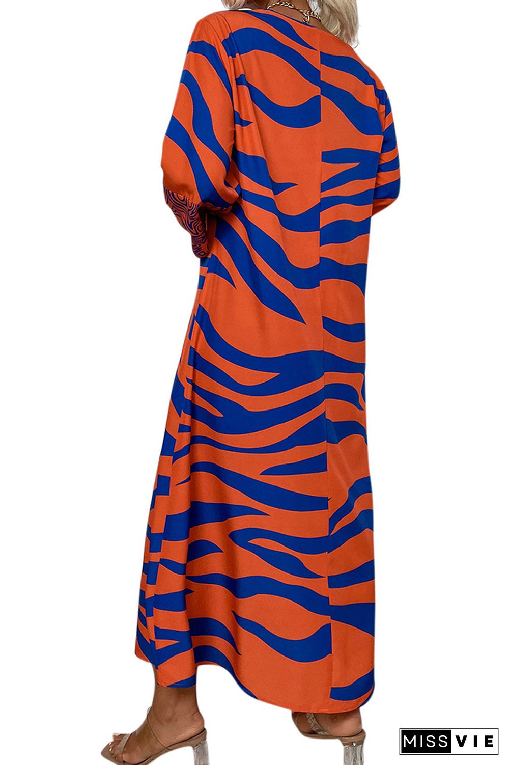 V Neck Orange Oversize Printed Maxi Dress