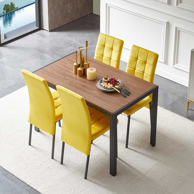 Modern 5 Piece Dining Table Set for 4 Solid Wood Table with Velvet High Back Dining Chair