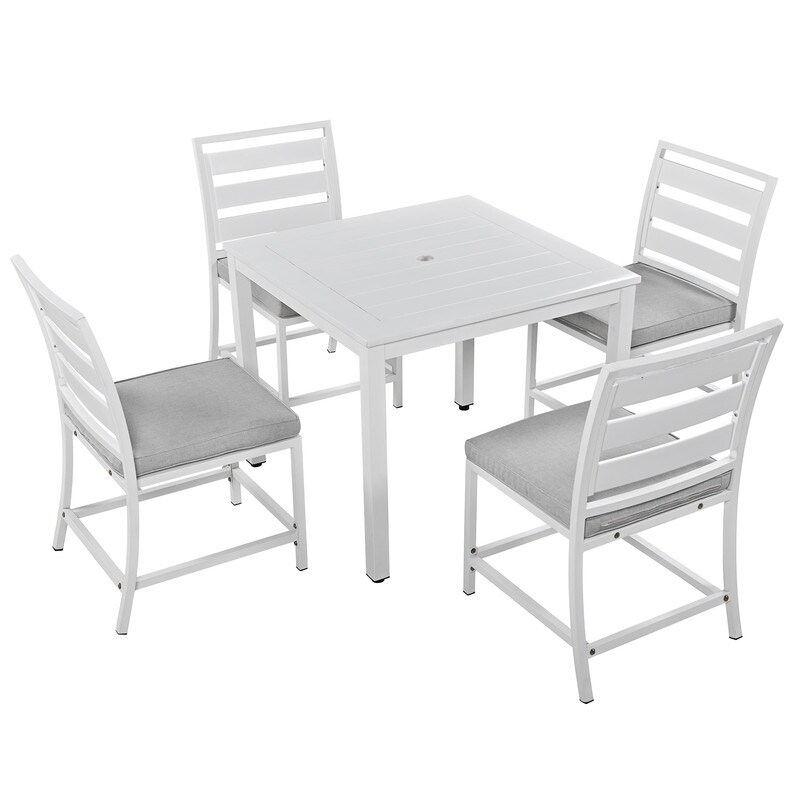 5 Piece Outdoor Dining Table Set for 4  Wood Top Dining Table with Umbrella Hole   4 Cushioned Chairs for Patio  Deck  Porch