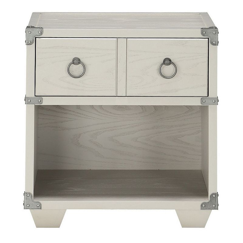 Two Drawer Wooden Nightstand with Metal Ring Pulls， Gray