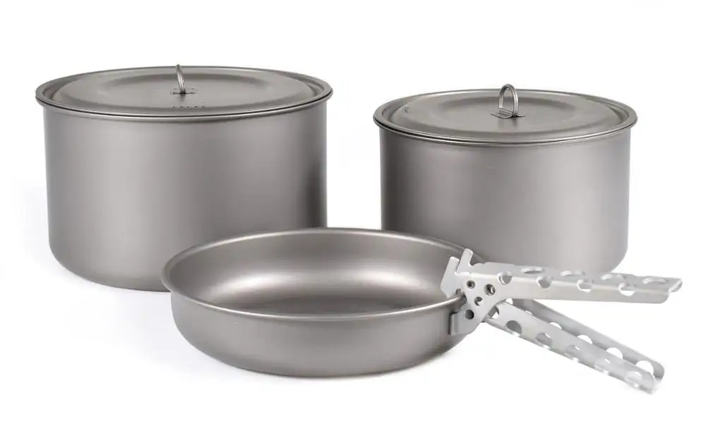 Non stick Titanium Cookware Sets 2 Titanium Pots and 1 Titanium Frying Pan For Camping Hiking Travelling