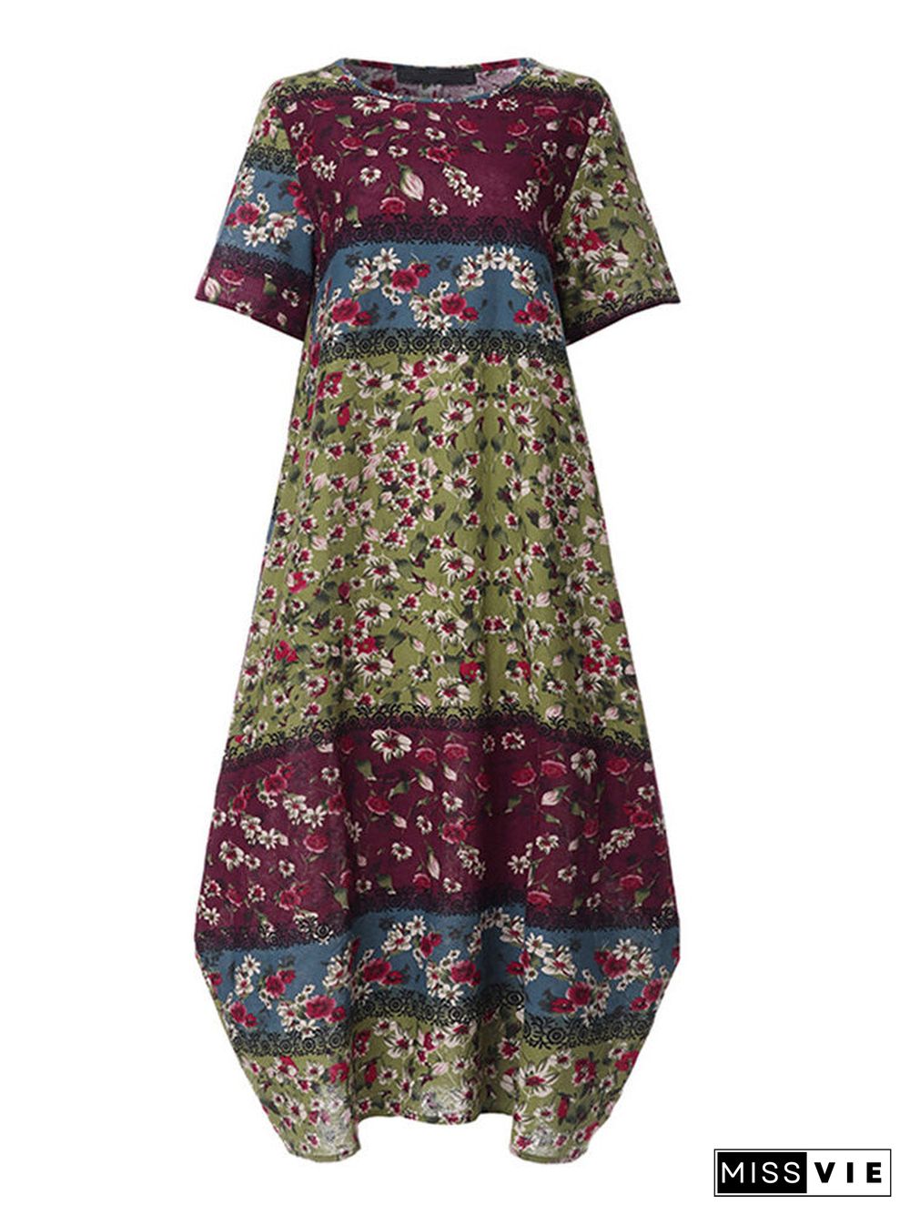 Women's Floral Printed Round Neck Short Sleeve Maxi Dress