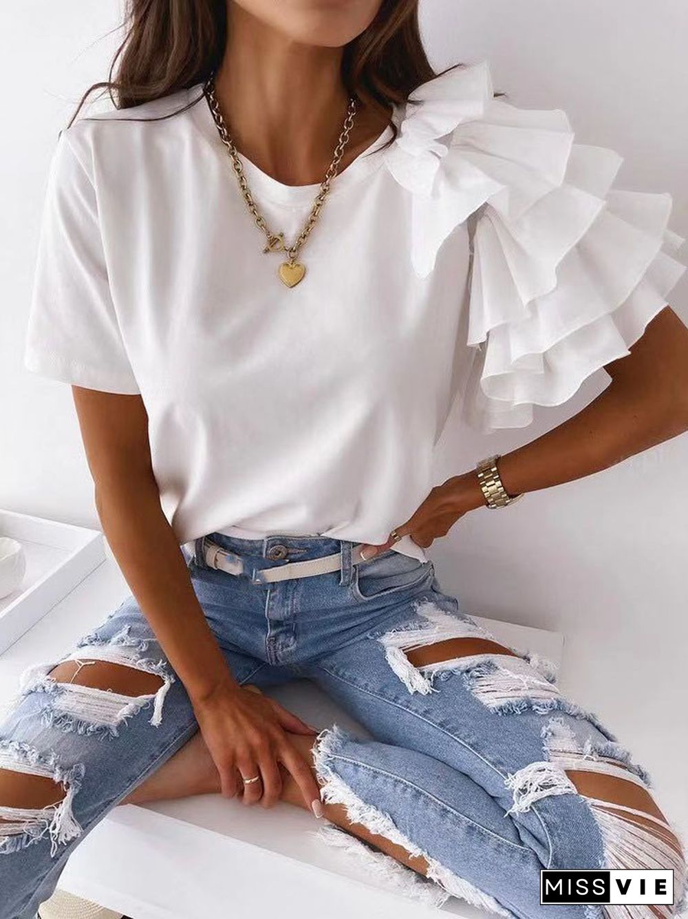 Summer Short Sleeve Women's T-Shirt Pullover Casual O Neck Blouse Fashion Layered Ruffle Top Shirt Streetwear For Women Clothing