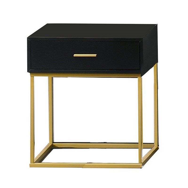 1 Drawer Wooden Nightstand with Metal Legs， Black and Gold